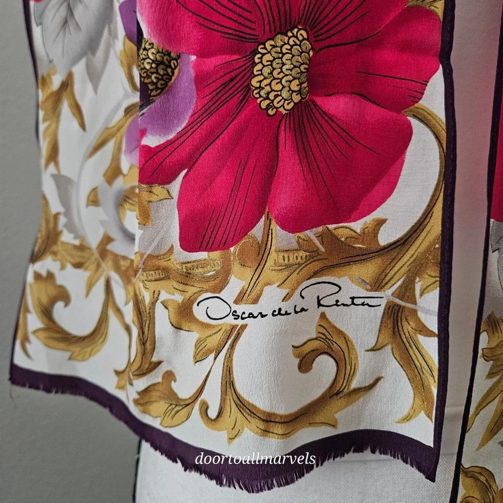 Vintage Oscar de la Renta Silk Scarf Floral Baroque Crepe de Chine Metallic Gold - Picture 3 of 11